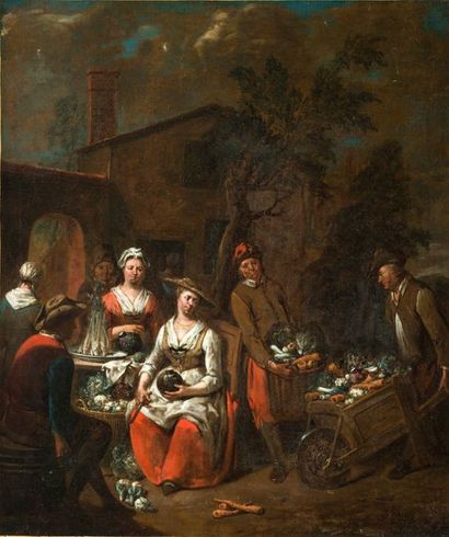 ATTRIBUÉ À JEAN-BAPTISTE LAMBRECHTS (1680 - APRÈS 1731) • La marchande de légumes
Toile...