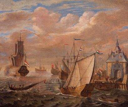École HOLLANDAISE du XVIIIe siècle Navires hollandais devant un port
Toile 48,5 x...