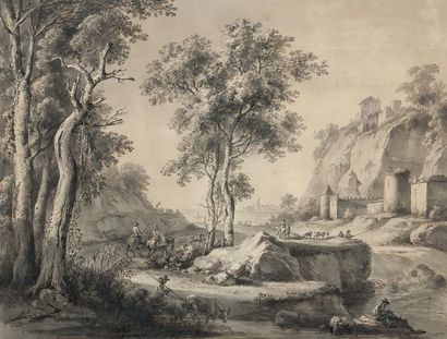 Jean-Jacques de BOISSIEU (1736-1810) Grand paysage imaginaire avec deux cavaliers...