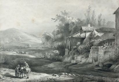 Jean-Jacques de BOISSIEU (1736-1810) Bergers et âne près d'une grange
Plume et encre...