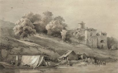 Jean-Jacques de BOISSIEU (1736-1810) Vue des bords d'une rivière
Plume et encre de...