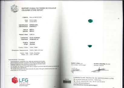 null Emeraude ovale
Poids: 2.83 carats
Accompagnée d'un certificat LFG N° 353374...