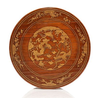 CHINE Boite à friandises circulaire en bois finement décorée de dragons, phénix et...