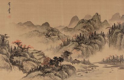 CHINE Peinture à l'encre et polychromie sur soie, représentant un paysage lacustre...