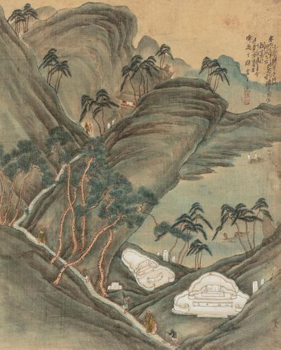 CHINE Peinture sur soie, encre polychrome, représentant une scène printanière animée...