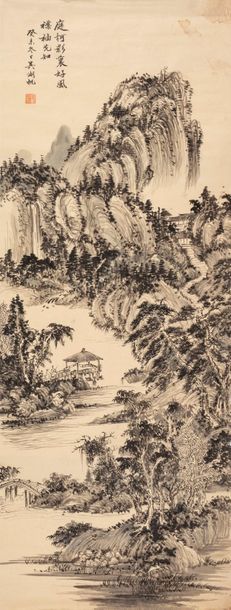 CHINE Peinture à l'encre de Chine sur papier, représentant un paysage montagneux,...