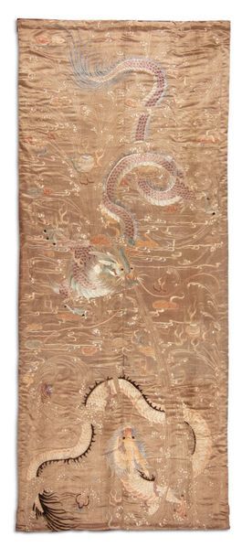 CHINE DU SUD Tenture en soie brodée à décor de deux dragons se faisant face.
D. 250,5...