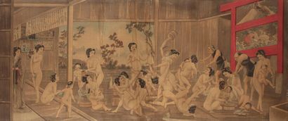 JAPON Makemono à l'encre et couleurs légères sur soie représentant une scène de bain,...