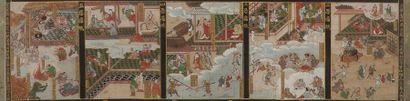 Japon Importante peinture en couleurs et rehauts or sur papier, représentant le Kammuryôju-Kyô...