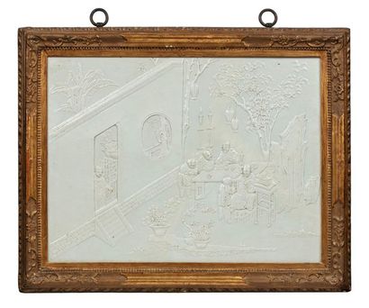 CHINE中国 十九世纪 白釉雕漆高士夜宴图瓷板