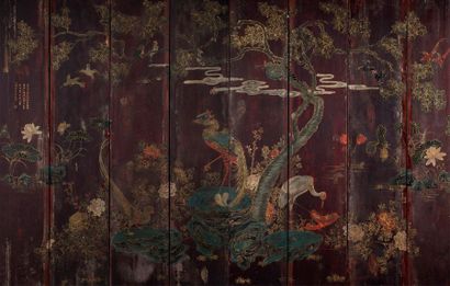 CHINE清代 红漆描金仕女 凤鸟图八页屏风 Paravent à huit feuilles en bois laqué, la face principale...