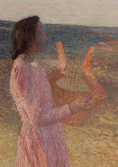 Henri MARTIN (1860-1943) Femme habillée de rose tenant une lyre au milieu d'un champ,...
