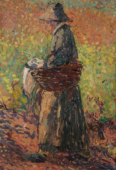 Henri MARTIN (1860 - 1943) Paysanne au chapeau et au panier

Huile sur carton marouflé...