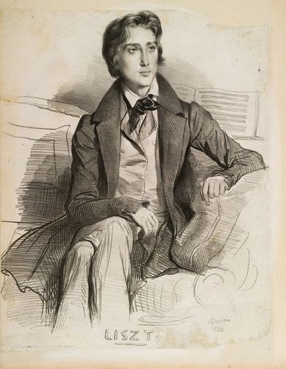 DEVERIA Franz Liszt, 1832.
Lithographie non montée sur une feuille cartonnée, encadrement...