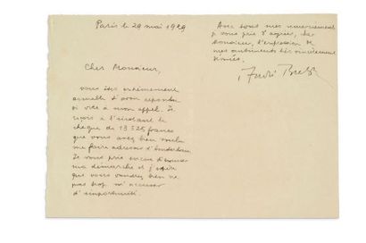 BRETON (André). 1896-1966. Ecrivain surréaliste. L.A.S. Paris, 29 mai 1929. 1 pp....