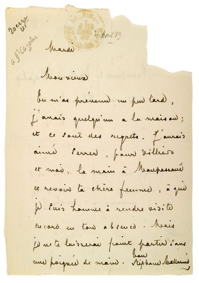 MALLARME (Stéphane). 1842-1898. Ecrivain poète. L.A.S. au docteur Cazalis. (Paris),...