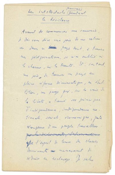 TZARA (Tristan). 1896-1963. Ecrivain dada. Manuscrit aut. «Les intellectuels français...