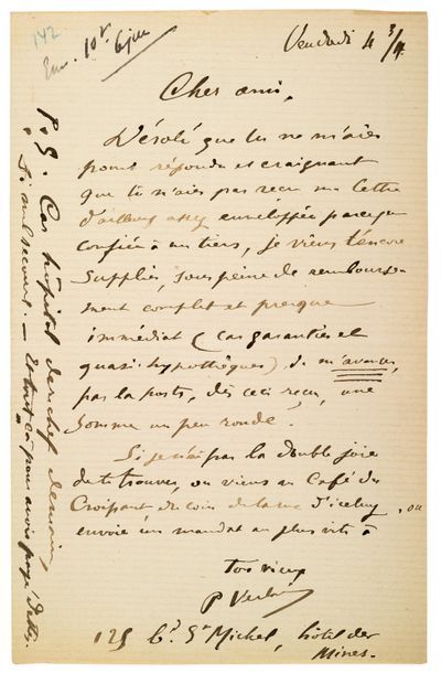 VERLAINE (Paul). 1844-1896. Ecrivain poète. L.A.S. à Catulle Mendès. (Paris), 3 octobre...