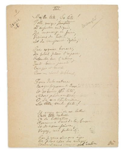 VERLAINE (Paul). 1844-1896. Ecrivain poète. Poème aut. «XII». S.l.n.d. 1 pp. in-12...