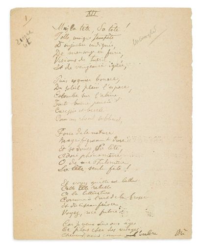 VERLAINE (Paul). 1844-1896. Ecrivain poète. Brouillon de 2 poèmes dont signé. S.l.n.d....