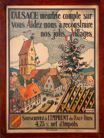 HANSI (J.J. WALZ) Affiche.
Emprunt de 4,75% pour la reconstruction des villages l'Alsace...