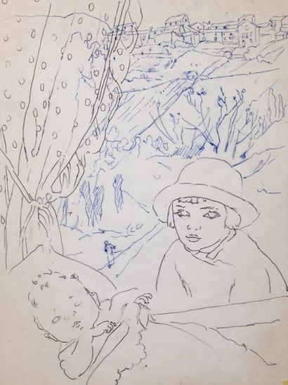 Alix AYMÉ (1894-1989) Fillette et bébé assoupi devant un paysage

Encres sur papier
44.5...