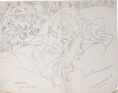 Alix AYMÉ (1894-1989) Jeune garçon endormi dans un décor de fleurs et animaux, novembre...