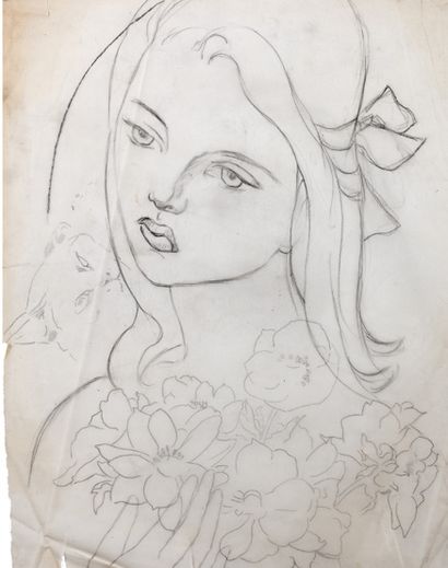 Alix AYMÉ (1894-1989) Jeune fille aux fleurs, une étude de chat sur le côté

Crayon...
