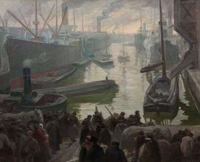 Victor TARDIEU (1870-1937) Le port de Liverpool, 1904 Huile sur toile, signée et...