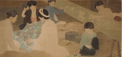 LUONG XUAN NHI (1913-2006) 
L'atelier de broderie
Encre et couleurs sur soie, signée...