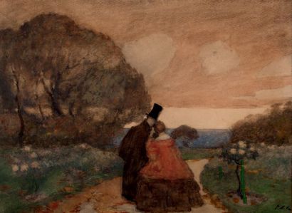 PIERRE ALEXANDROVITCH NILUS (1869-1943) * Promenade romantique
Aquarelle et gouache...