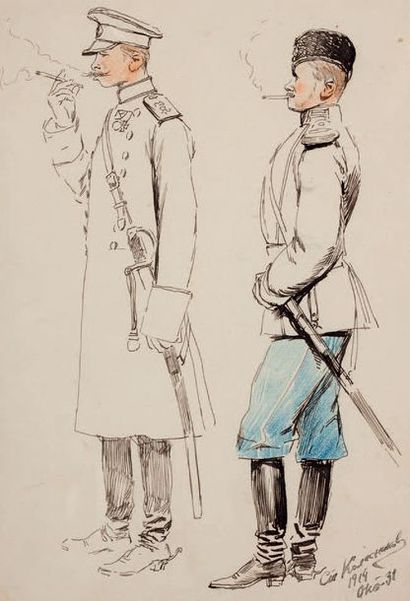 STÉPAN FÉODOROVITCH KOLESNIKOFF (1879-1955) Deux officiers fumant, croquis du front
Plume,...