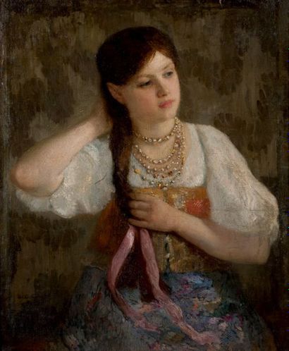 ALEXIS DANILOVITCH KIVSHENKO (1851-1895) Jeune fille à la natte
Huile sur toile
Monogrammée...