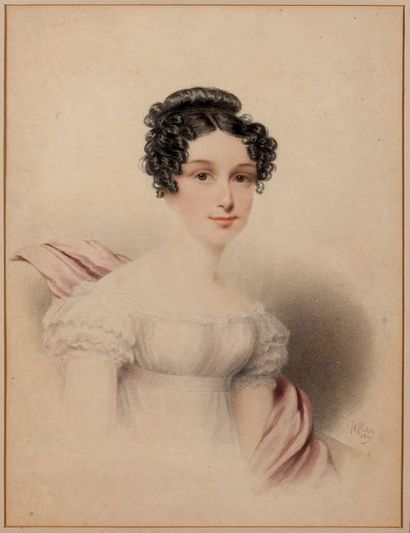 WALDEMAR IVANOVITCH HAU (1816-1895) Portrait de jeune femme de qualité,
1840
Aquarelle...