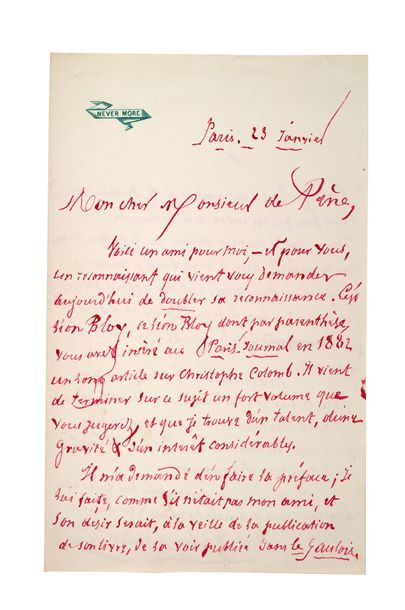 BARBEY D'AUREVILLY JULES (1808-1889) Lettre autographe signée à Henri de PENE Paris,...