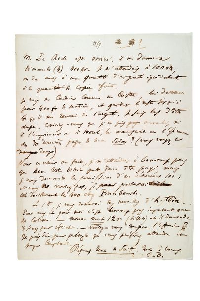 BAUDELAIRE Charles (1821-1867) Lettre autographe signée «C. B.» adressée à Auguste...