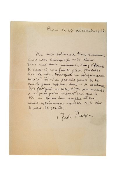 BRETON ANDRÉ (1896 - 1966) Lettre autographe signée à Georges SADOUL Paris, 23 décembre...