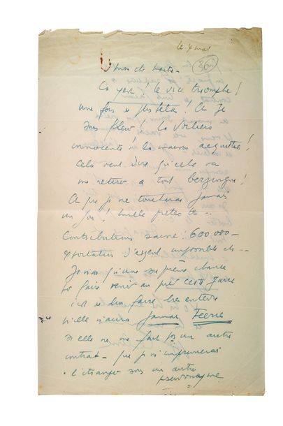CELINE LOUIS-FERDINAND (1894-1961) Lettre autographe signée adressée à son avocat
S.l.n.d.,...