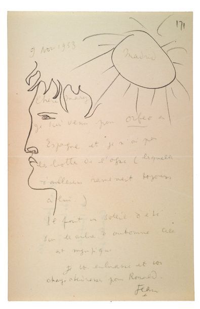 COCTEAU Jean (1889-1963) Lettre autographe signée avec dessin original, adressée...