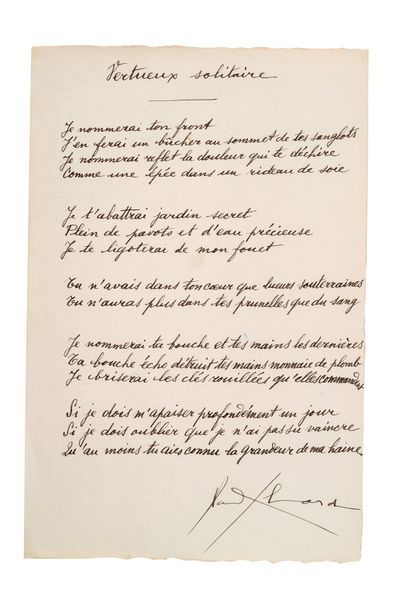 ELUARD Paul (1895-1952) Vertueux solitaire, poème autographe signé
S.l., [vers 1938],...