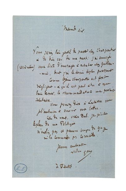 FLAUBERT Gustave (1821-1880) Lettre autographe signée adressée à son ami
Edmond LAPORTE...