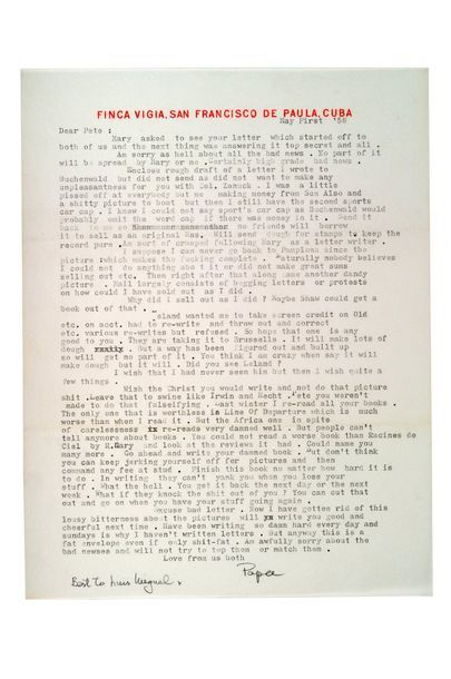 HEMINGWAY Ernest (1899-1961) Lettre tapuscrite signée «Papa» adressée à Peter VIERTEL...