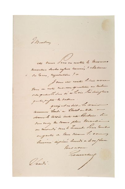 LAMARTINE Alphonse de (1790-1869) Lettre autographe signée adressée à Léon FAUCHER...