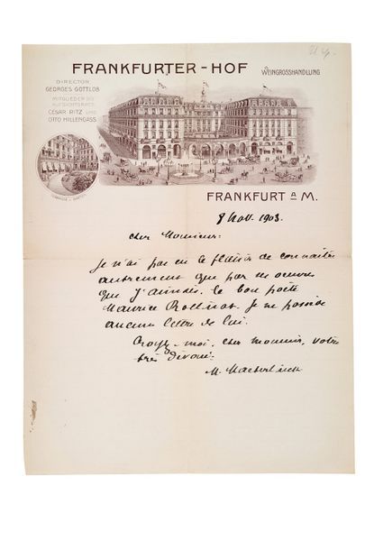 MAETERLINK MAURICE (1862-1949) Lettre autographe signée [Francfort-sur-le-Main],...