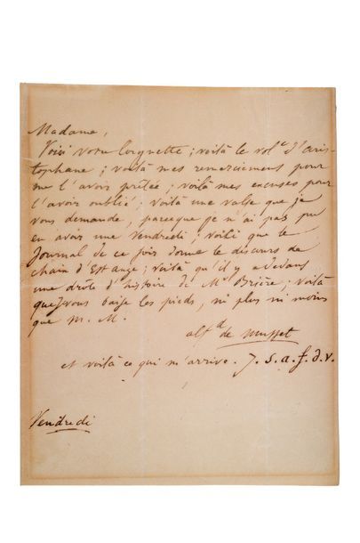 MUSSET Alfred de (1810-1857) Lettre autographe signée «alfd de Musset» à «la marraine»...