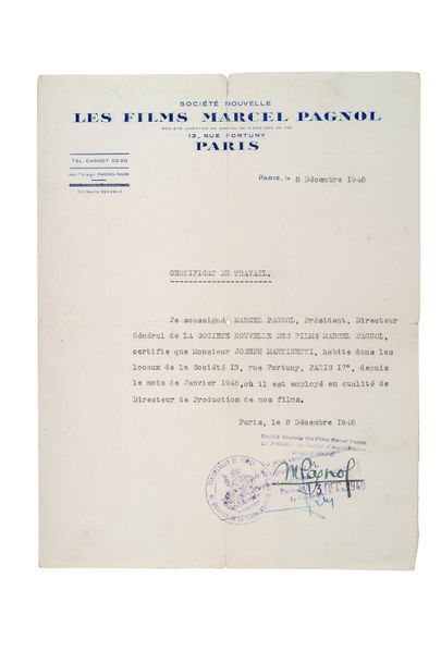 PAGNOL MARCEL (1895-1974) Lettre tapuscrite signée
S.l., 8 décembre 1948, 1 page...
