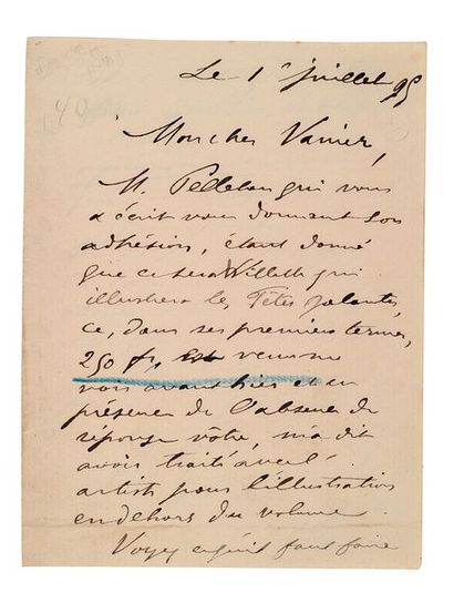 VERLAINE PAUL (1844-1896) Lettre autographe signée adressée à son éditeur Léon VANIER...