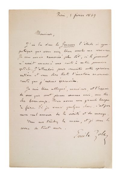 ZOLA emile (1840-1902) Lettre autographe signée adressée à un journaliste
Paris,...