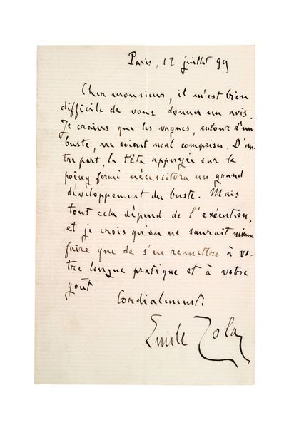ZOLA emile (1840-1902) Lettre autographe signée [adressée à un sculpteur]
Paris,...