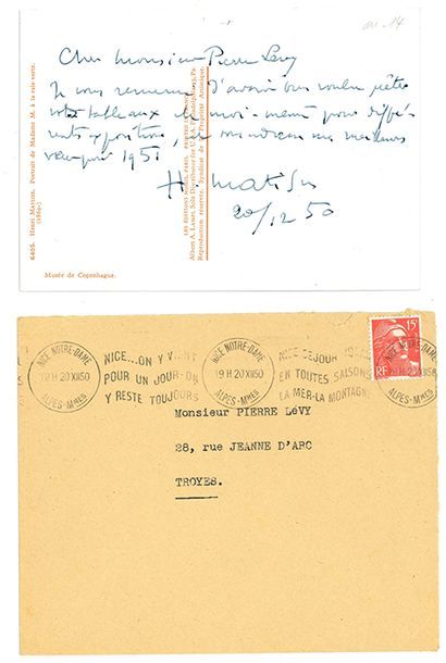 MATISSE HENRI (1869-1954). L.A.S. «H. Matisse», 20 décembre 1950, à Pierre LéVY à...